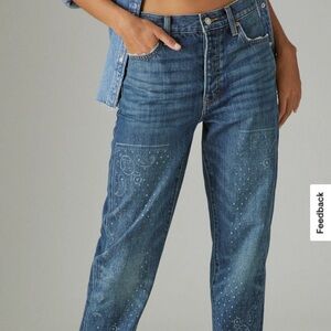 Lucky Brand Mid-Rise Blue Denim Boyfriend Jeans with Subtle Embroidery